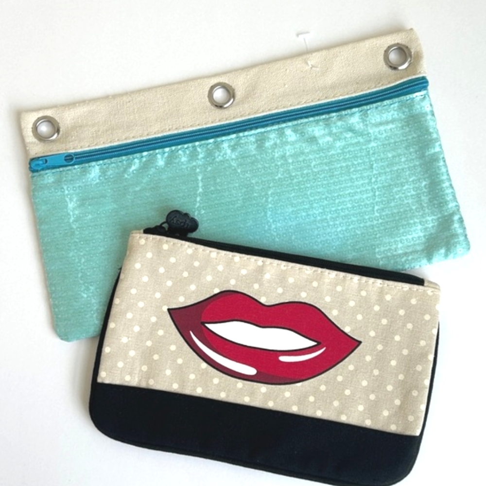Set of 2 Aqua Sequins Binder Folder Pouch and Ipsy Lips Makeup Carry Bag
